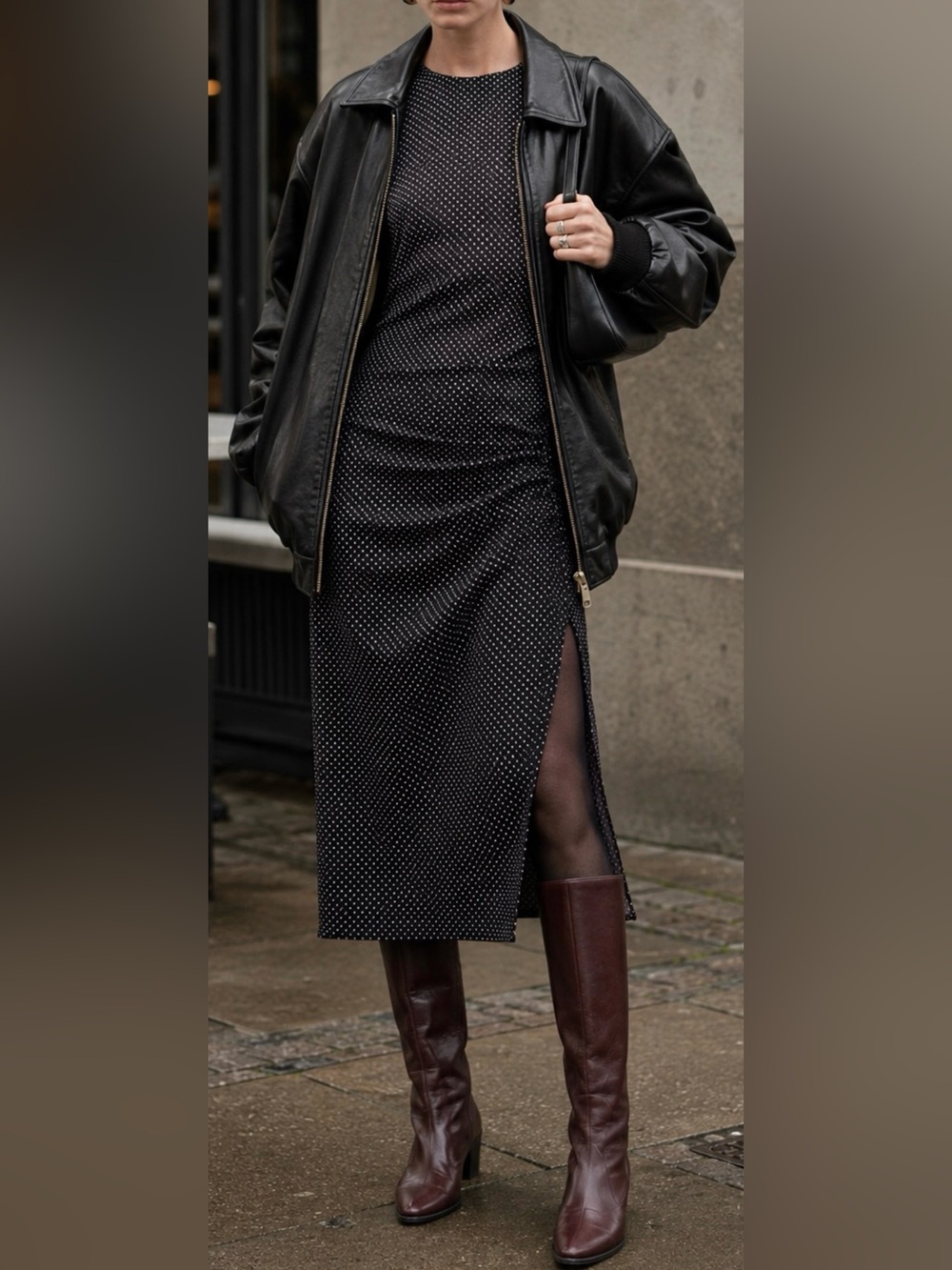 Mango Black Polka Dot Midi dress with Side Slit